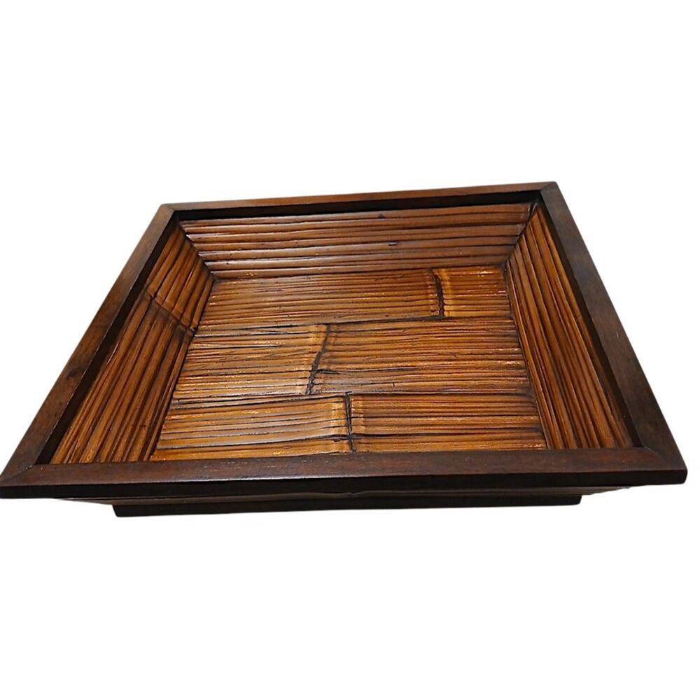 Vintage Asian Wood Bamboo Serving Tray 16" Brown Ethnic Decor Collect Tropical